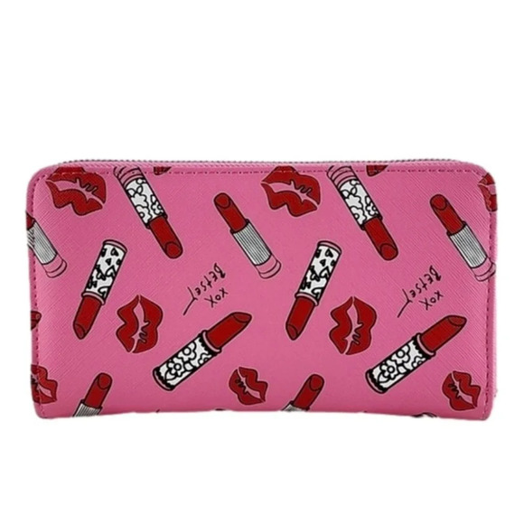 Betsey Johnson Clutch Wallet Zip Around Barbie Pink Lipstick Bow Faux Leather - Picture 6 of 16
